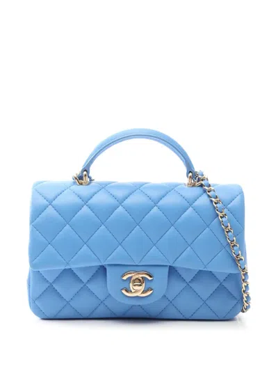 Pre-owned Chanel 2021-2026 Mini Rectangular Quilted Lambskin Top Handle Single Flap Satchel In Blue