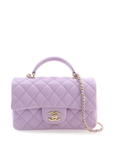 Pre-owned Chanel 2021-2026 Mini Rectangular Quilted Lambskin Top Handle Single Flap Satchel In Purple
