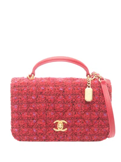 Pre-owned Chanel 2021-2026 Mini Rectangular Tweed Top Handle Flap Satchel In Red