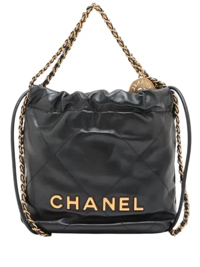Pre-owned Chanel 2021-2026 Mini Shiny Calfskin 22 Handbag Satchel In Black