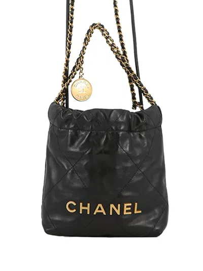 Pre-owned Chanel 2021-2026 Mini Shiny Calfskin 22 Handbag Satchel In Black
