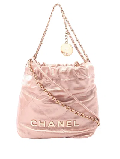 Pre-owned Chanel 2021-2026 Mini Shiny Calfskin 22 Handbag Satchel In Pink