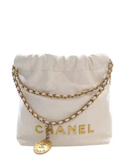 Pre-owned Chanel 2021-2026 Mini Shiny Calfskin 22 Hobo Satchel In White
