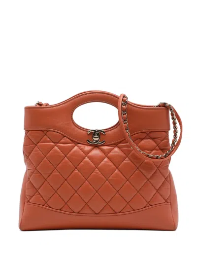 Pre-owned Chanel 2021-2026 Mini Shiny Crumpled Calfskin 31 Shopping Bag Satchel In Orange