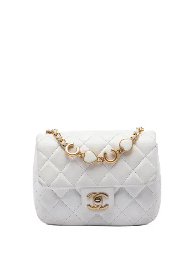 Pre-owned Chanel 2021-2026 Mini Square Classic Lambskin Enamel Coco Hearts Single Flap Crossbody Bag In White