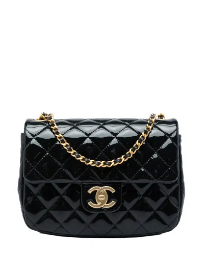 Pre-owned Chanel 2021-2026 Mini Square Classic Patent Enamel Coco Hearts Single Flap Crossbody Bag In Black