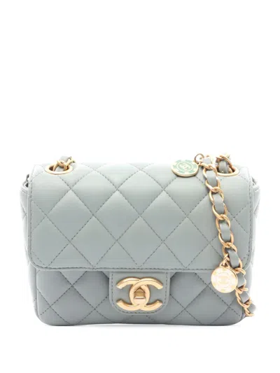 Pre-owned Chanel 2021-2026 Mini Square Lambskin Casino Royale Charms Single Flap Crossbody Bag In Blue