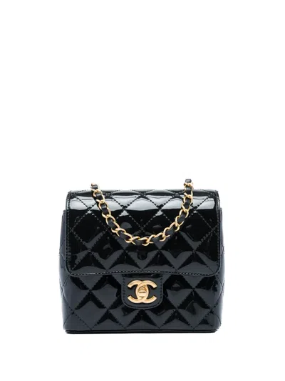 Pre-owned Chanel 2021-2026 Mini Square Quilted Patent Single Flap Crossbody Bag In Black