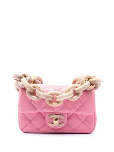Pre-owned Chanel 2021-2026 Mini Wenge Wood Chain Flap Crossbody Bag In Pink