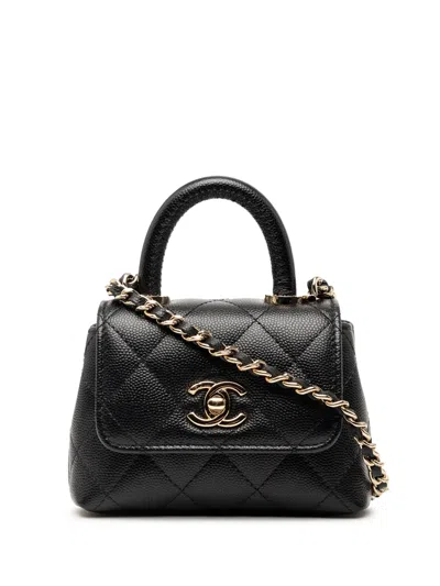 Pre-owned Chanel 2021-2026 Nano Quilted Caviar Coco Top Handle Bag Satchel In Black
