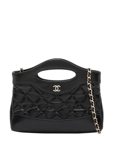 Pre-owned Chanel 2021-2026 Nano Quilted Glazed Calfskin 31 Shopping Bag Satchel In Black