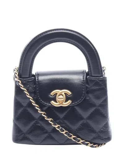 Pre-owned Chanel 2021-2026 Nano Quilted Lambskin Kelly Shopper Bag Satchel In Black