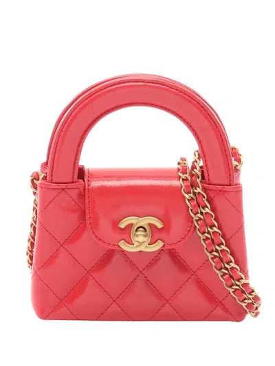Pre-owned Chanel 2021-2026 Nano Quilted Lambskin Kelly Shopper Bag Satchel In Red