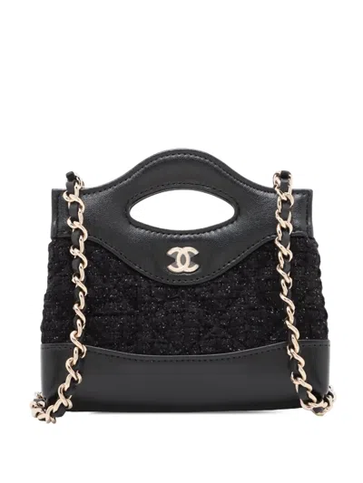 Pre-owned Chanel 2021-2026 Nano Quilted Tweed Kelly Shopper Bag Satchel In Black