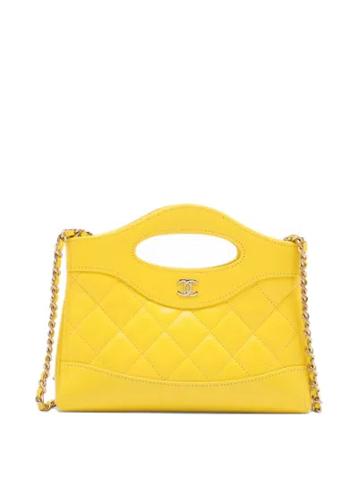 Pre-owned Chanel 2021-2026 Nano Shiny Calfskin 31 Shopping Bag Satchel In Yellow