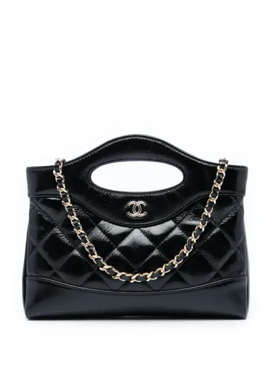 Pre-owned Chanel 2021-2026 Nano Shiny Crumpled Calfskin 31 Shopping Bag Satchel In Black