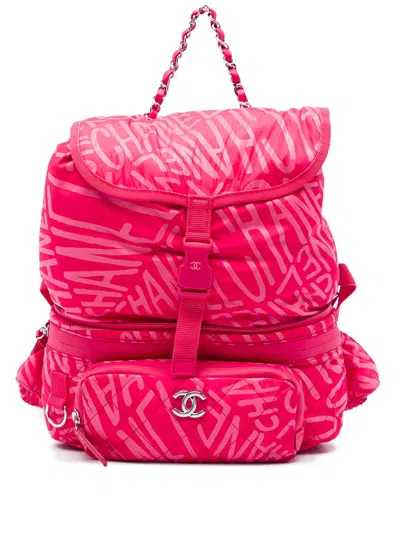Pre-owned Chanel 2021-2026 Printed Nylon Coco Neige Convertible Backpack In Pink
