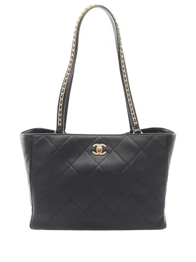 Pre-owned Chanel 2021-2026 Quilted Calfskin Book Pocket Shopping Tote Bag In Black