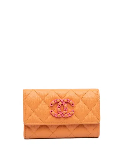 Pre-owned Chanel 2021-2026 Quilted Caviar 19 Flap Card Holder In Orange