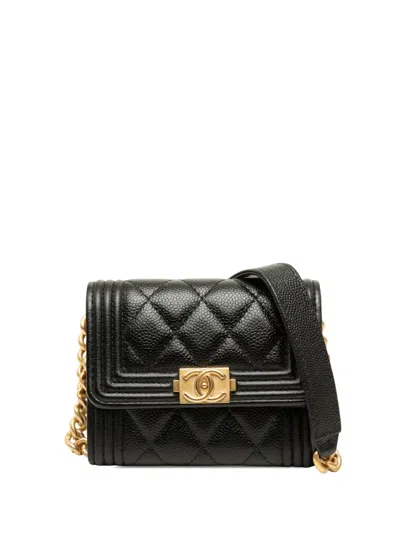 Pre-owned Chanel 2021-2026 Quilted Caviar Boy Card Holder With Chain Crossbody Bag In Black
