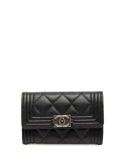 Pre-owned Chanel 2021-2026 Quilted Caviar Boy Flap Card Holder In Black