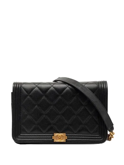 Pre-owned Chanel 2021-2026 Quilted Caviar Boy Wallet On Chain Crossbody Bag In Black
