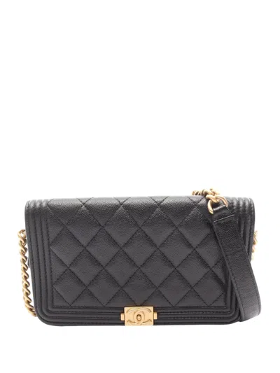Pre-owned Chanel 2021-2026 Quilted Caviar Boy Wallet On Chain Crossbody Bag In Black