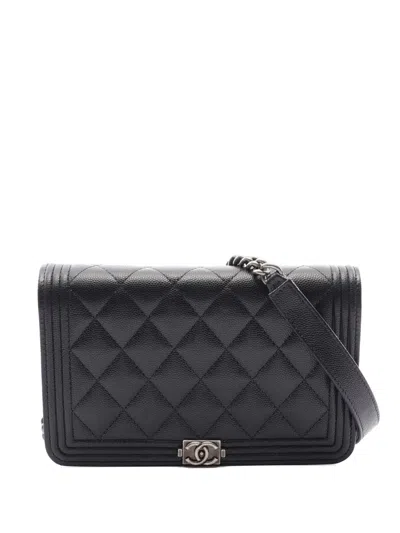 Pre-owned Chanel 2021-2026 Quilted Caviar Boy Wallet On Chain Crossbody Bag In Black