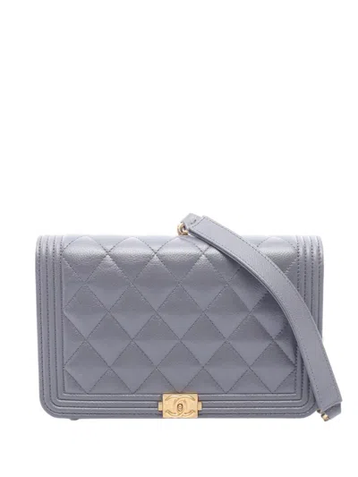 Pre-owned Chanel 2021-2026 Quilted Caviar Boy Wallet On Chain Crossbody Bag In Gray