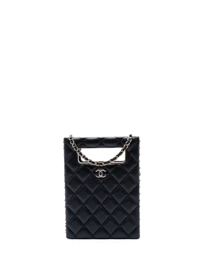 Pre-owned Chanel 2021-2026 Quilted Caviar Chain Around Cut Out Evening Box Bag Satchel In Black