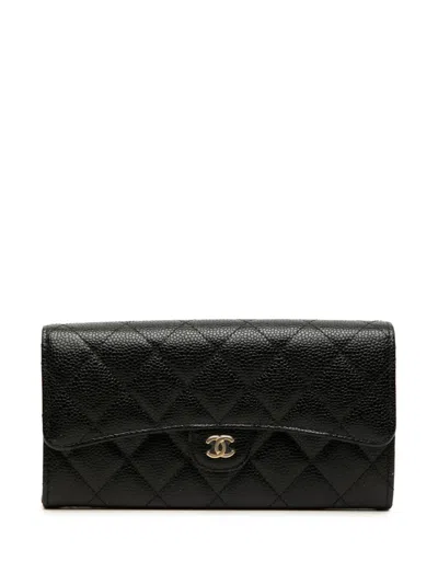 Pre-owned Chanel 2021-2026 Quilted Caviar Classic Flap Wallet Long Wallets In Black