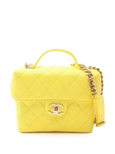 Pre-owned Chanel 2021-2026 Quilted Caviar Handy Box Vanity Case With Chain Satchel In Yellow