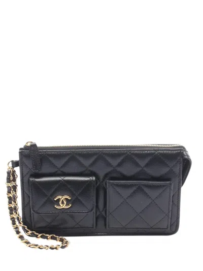 Pre-owned Chanel 2021-2026 Quilted Caviar Polly Pocket Wristlet Pouch Clutch Bag In Black