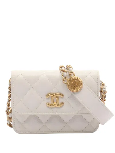 Pre-owned Chanel 2021-2026 Quilted Caviar Twist Your Buttons Coin Purse With Chain Crossbody Bag In White