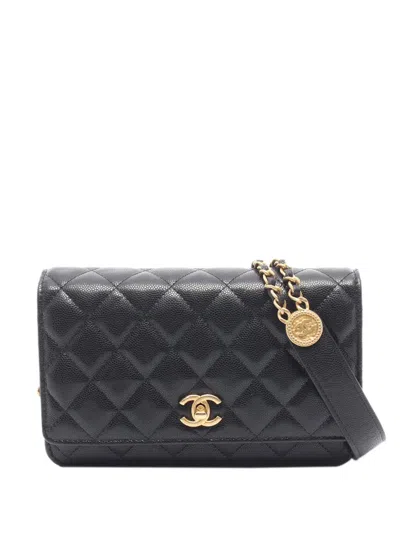 Pre-owned Chanel 2021-2026 Quilted Caviar Twist Your Buttons Wallet On Chain Crossbody Bag In Black