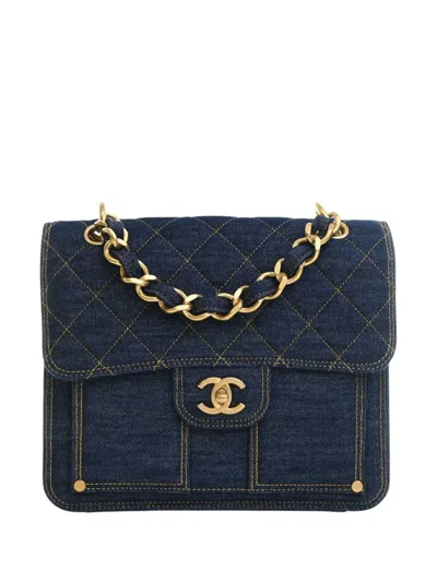 Pre-owned Chanel 2021-2026 Quilted Denim Double You Flap Backpack In Blue