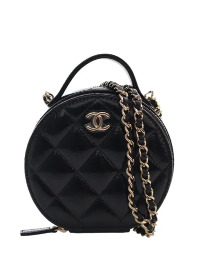 Pre-owned Chanel 2021-2026 Quilted Glazed Lambskin Handle With Care Round Vanity Case With Chain Satchel In Black