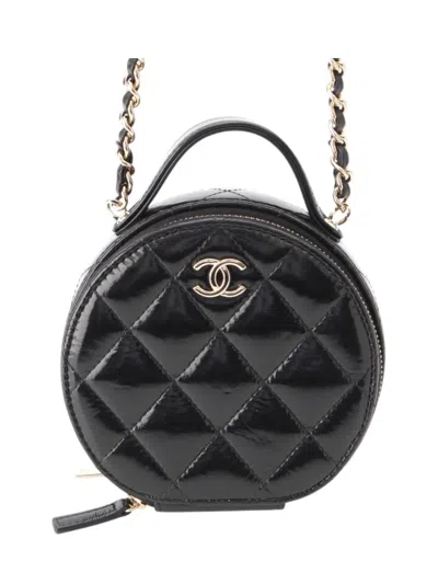 Pre-owned Chanel 2021-2026 Quilted Glazed Lambskin Handle With Care Round Vanity Case With Chain Satchel In Black