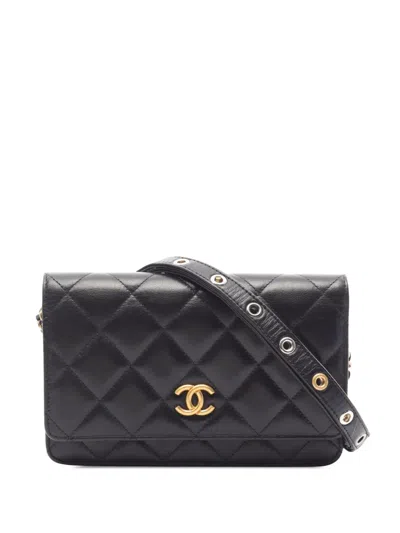 Pre-owned Chanel 2021-2026 Quilted Goatskin Punk Essentials Wallet On Chain Crossbody Bag In Black