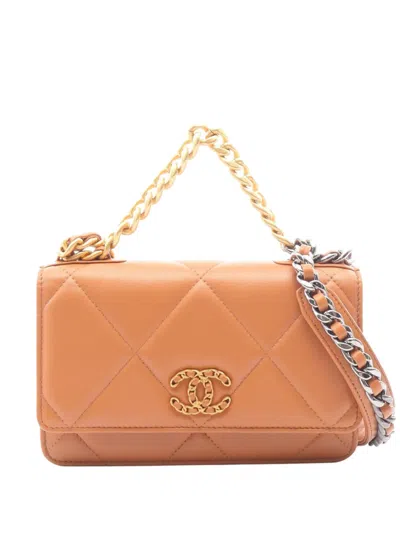 Pre-owned Chanel 2021-2026 Quilted Lambskin 19 Wallet On Chain Satchel In Brown