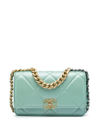 Pre-owned Chanel 2021-2026 Quilted Lambskin 19 Wallet On Chain Satchel In Green