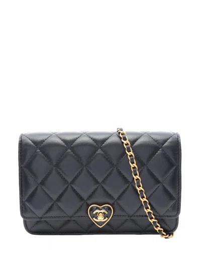 Pre-owned Chanel 2021-2026 Quilted Lambskin Acrylic Coco Love Wallet On Chain Crossbody Bag In Black