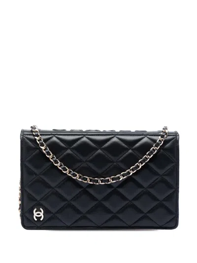 Pre-owned Chanel 2021-2026 Quilted Lambskin Book Wallet On Chain Crossbody Bag In Black