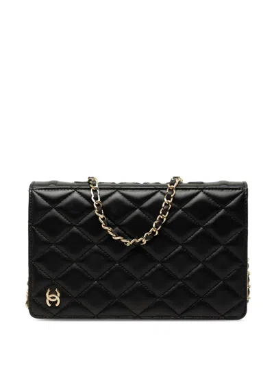 Pre-owned Chanel 2021-2026 Quilted Lambskin Book Wallet On Chain Crossbody Bag In Black
