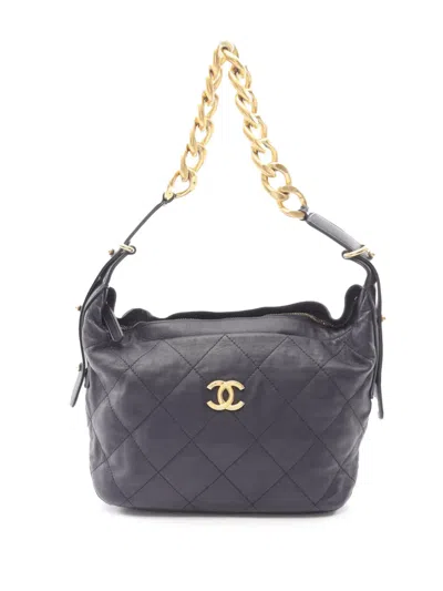 Pre-owned Chanel 2021-2026 Quilted Lambskin Chain Hobo Bag In Blue