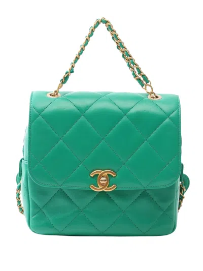 Pre-owned Chanel 2021-2026 Quilted Lambskin Chain Melody Backpack In Green