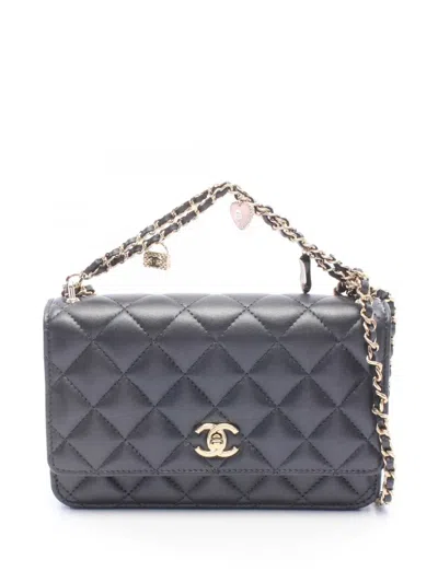 Pre-owned Chanel 2021-2026 Quilted Lambskin Charms Wallet On Chain Satchel In Black