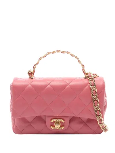 Pre-owned Chanel 2021-2026 Quilted Lambskin Metal Top Handle Flap Satchel In Pink