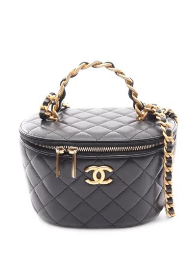 Pre-owned Chanel 2021-2026 Quilted Lambskin Top Handle Vanity Case With Chain Satchel In Black