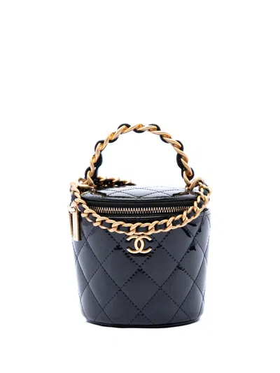 Pre-owned Chanel 2021-2026 Quilted Patent Afternoon Tea Top Handle Vanity Case With Chain Satchel In Black